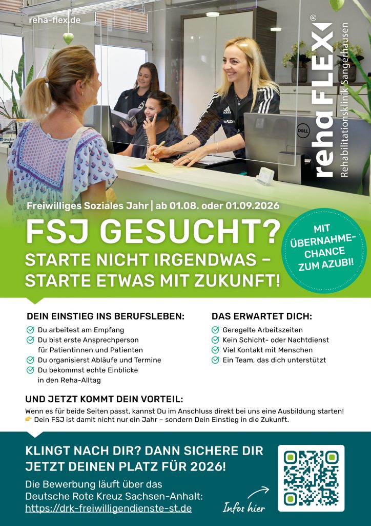 Anzeige für die Möglichkeit eines Freiwilligen Sozialen Jahres in der reha FLEX Reha-Klinik